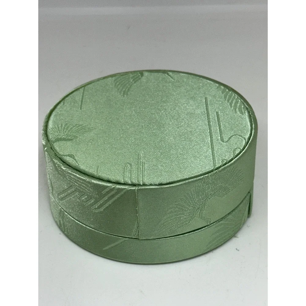 VTG Jewelry Box Green Satin Crane Bird Embroidered Round Padded Storage Case